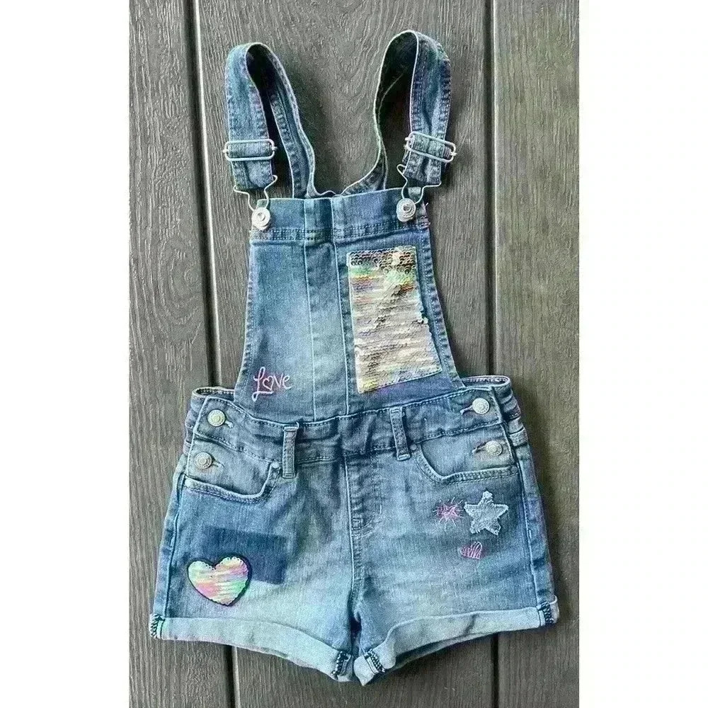 Jordache Girls Denim Shorts Overalls Small 6-6X Sequins Stars Rolled Cuffs